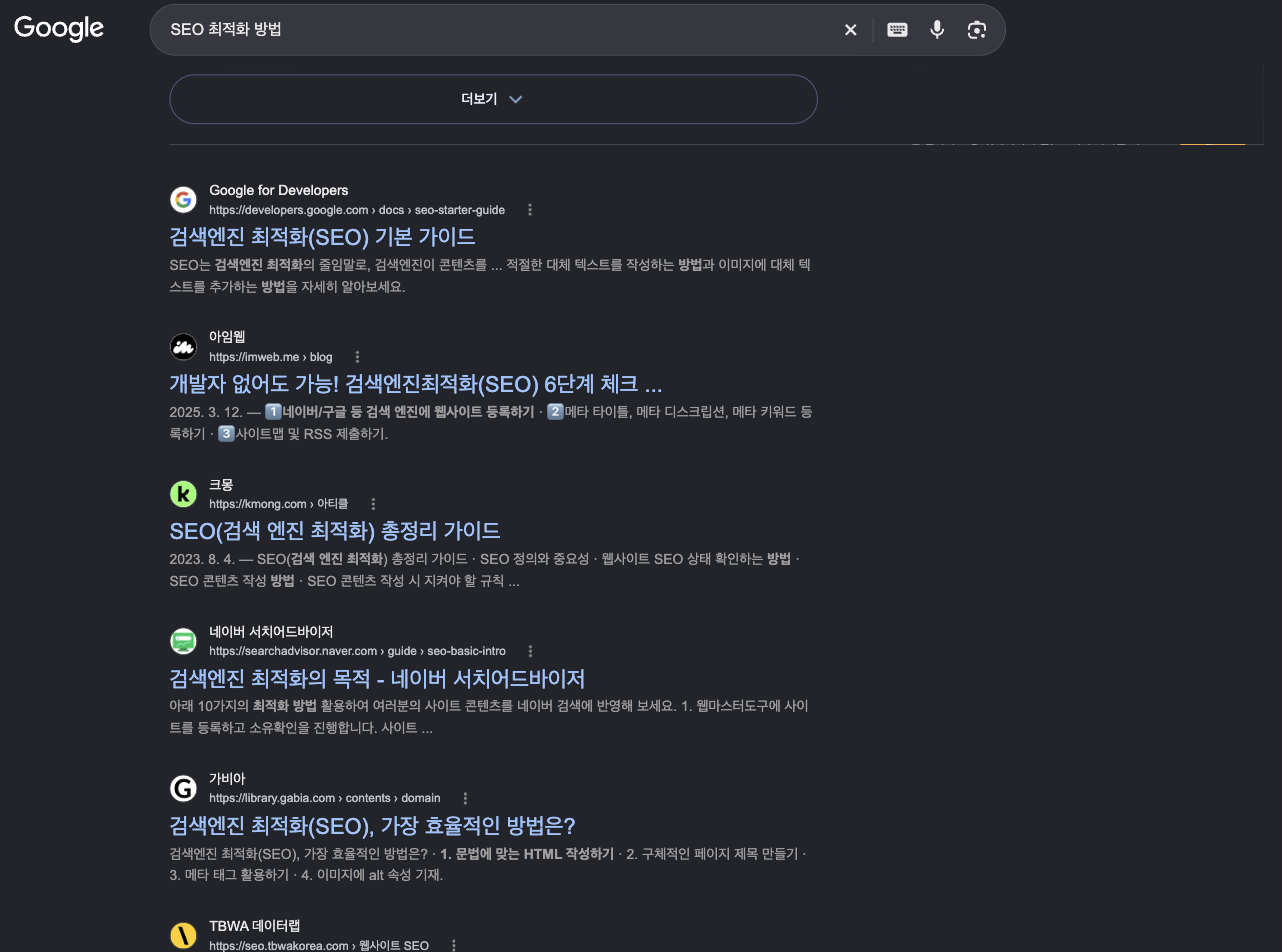 구글 오가닉 검색결과의 제목과 스니펫 예시